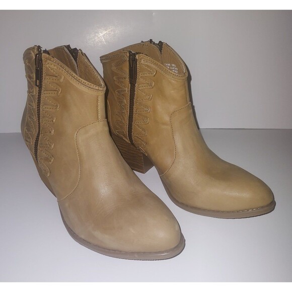 Ladies 7 Musse & Cloud Anthropologie Tan Leather Western Double Zip Ankle Boots - Picture 1 of 8